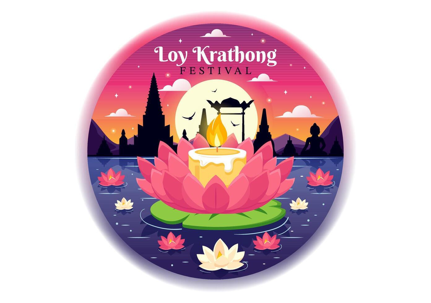 Loy Krathong Vector Illustration of Festival Celebration in Thailand with Lanterns and Krathongs Floating on Water Design in Flat Cartoon Background