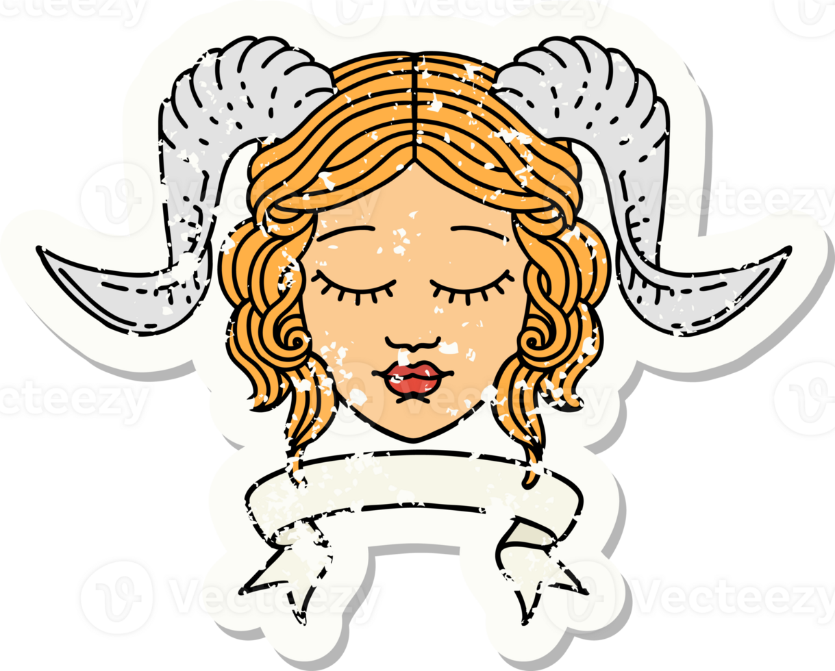 Retro Tattoo Style tiefling character face with scroll banner png
