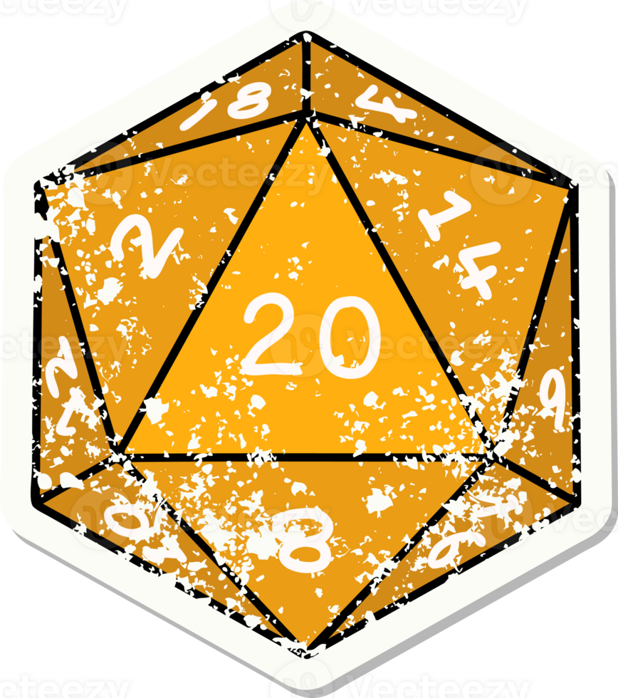 grunge sticker of a natural 20 D20 dice roll png
