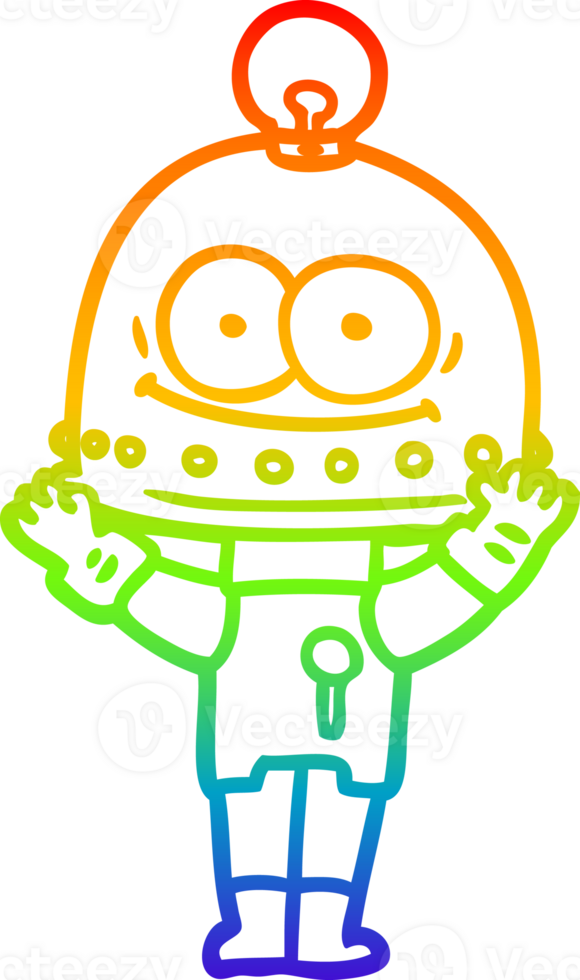 rainbow gradient line drawing of a happy carton robot with light bulb png