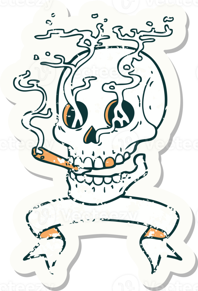 worn old sticker with banner of a skull png