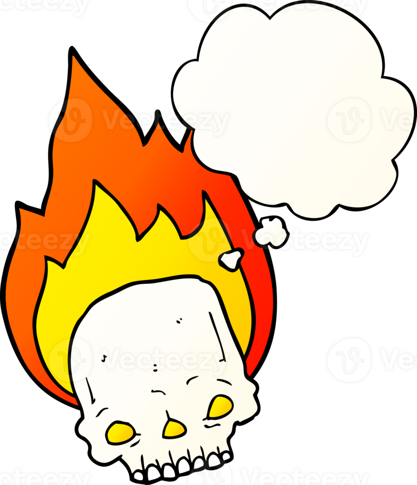 spooky cartoon flaming skull with thought bubble in smooth gradient style png