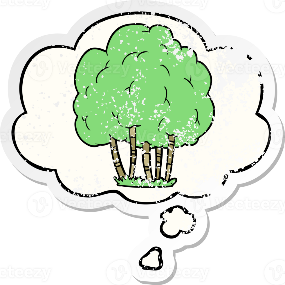 cartoon tree with thought bubble as a distressed worn sticker png