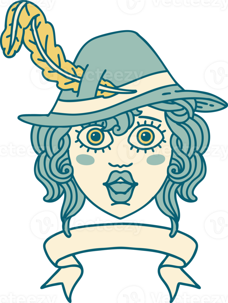 Retro Tattoo Style human bard character with banner png