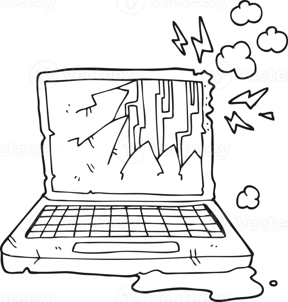 hand drawn black and white cartoon broken computer png