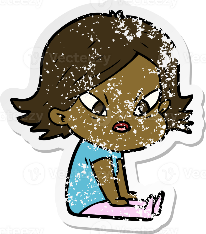 distressed sticker of a cartoon stressed woman png