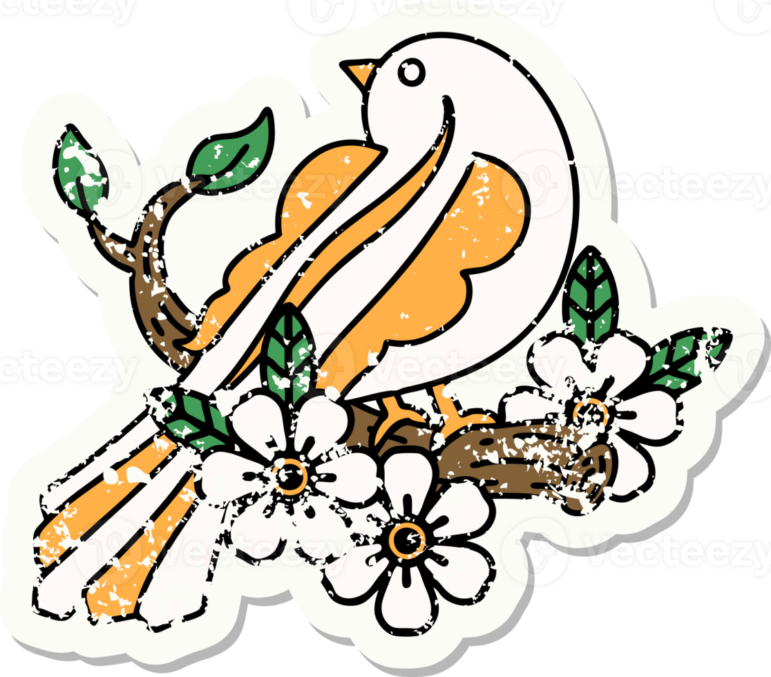 distressed sticker tattoo in traditional style of a bird on a branch png