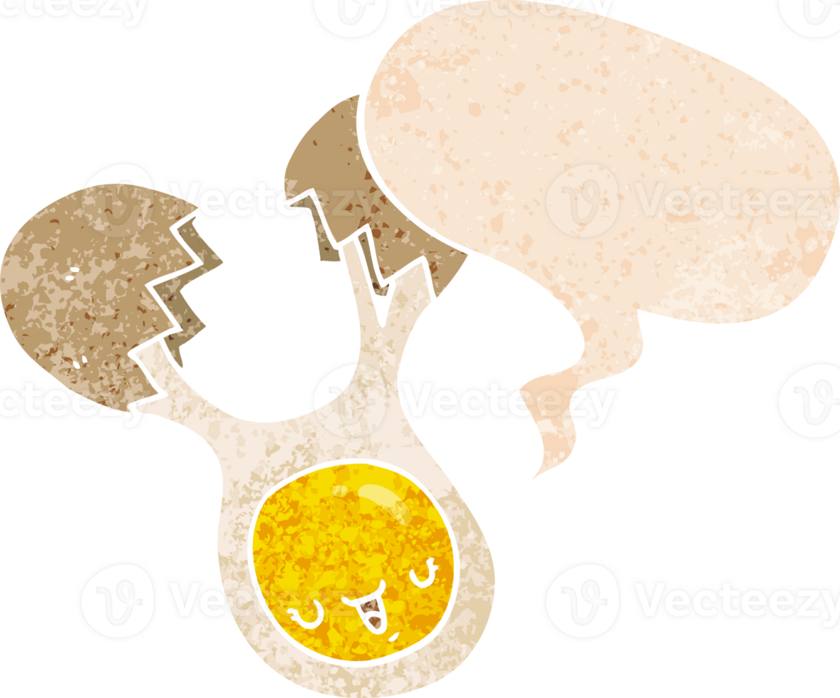 cartoon cracked egg with speech bubble in grunge distressed retro textured style png