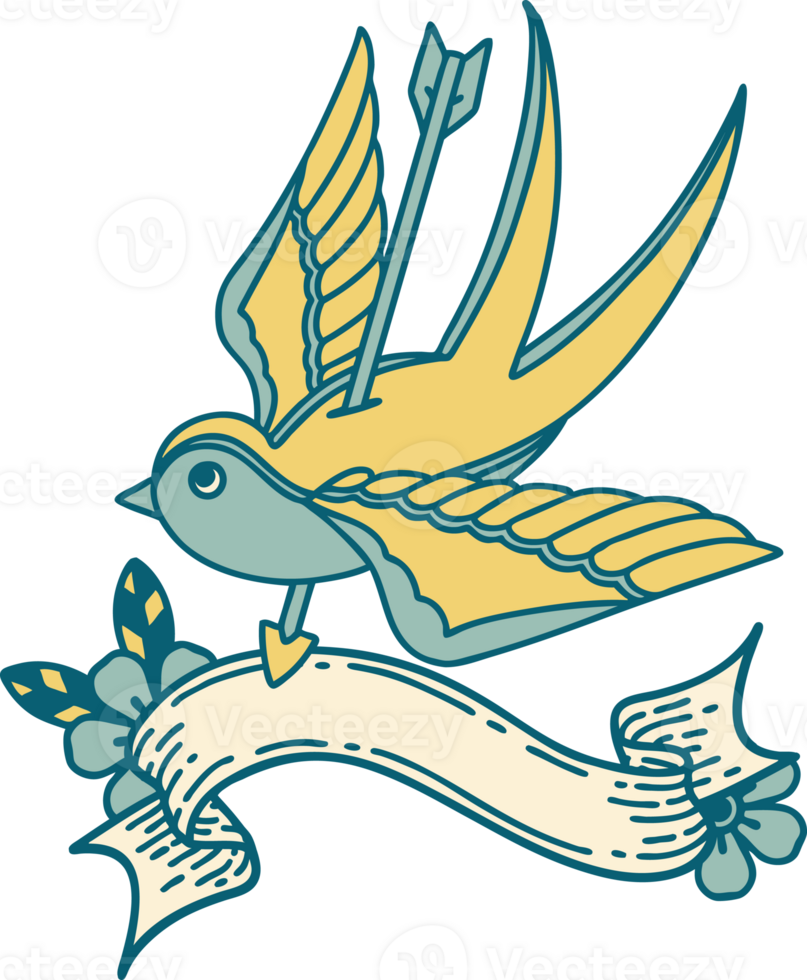 traditional tattoo with banner of a swallow pierced by arrow png