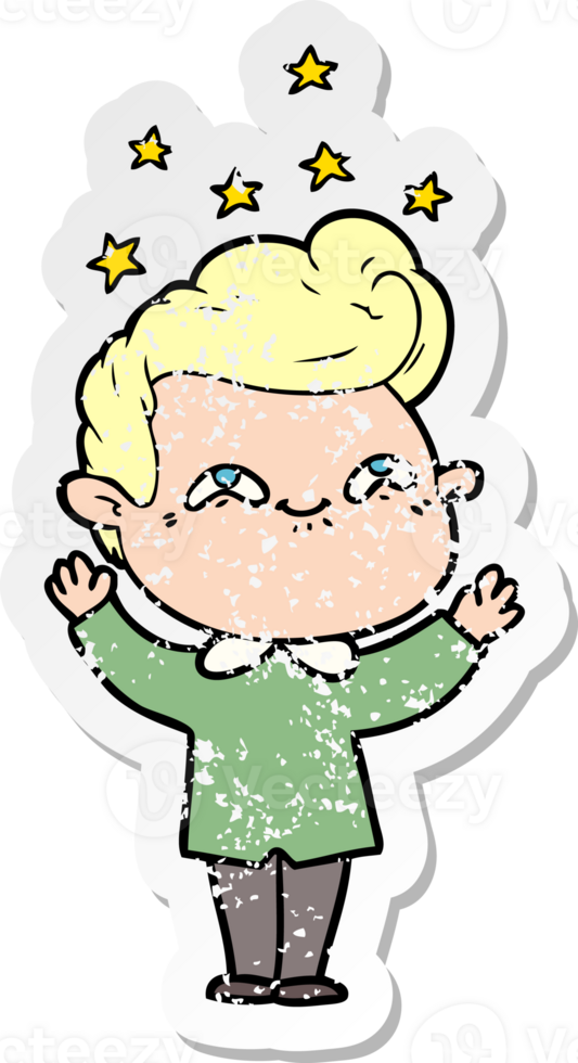 distressed sticker of a cartoon excited man png