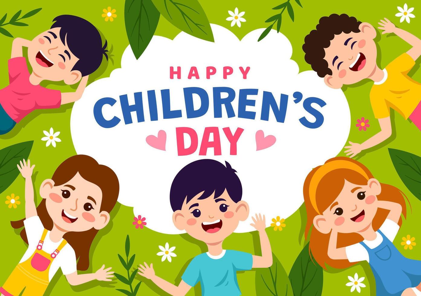 Happy Children's Day Vector Illustration with Kids Togetherness in Children Celebration Cartoon Bright Sky Blue Background and Green Field Design