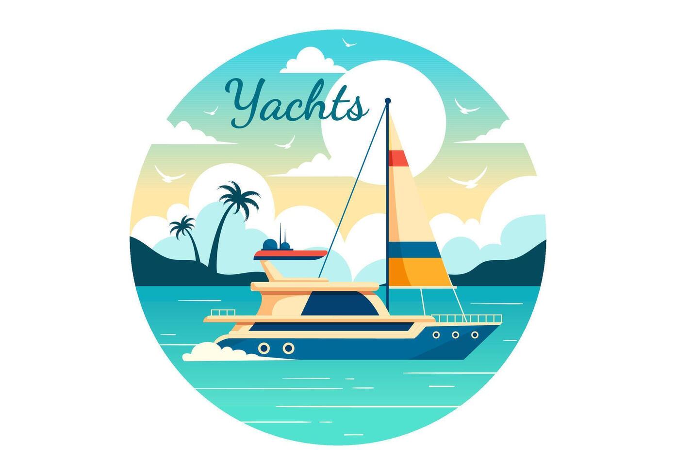 Yachts Vector Illustration with Ferries Cargo Boats and Ship Sailboat of Water Transport at the Beach in Sunset Flat Cartoon Background