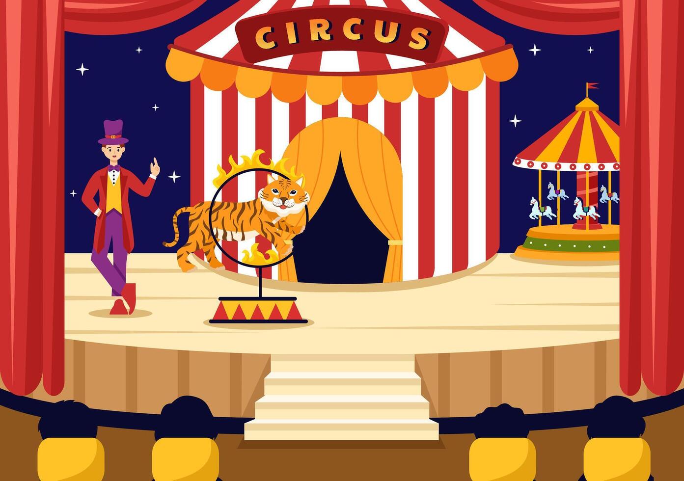 circo vector ilustración con espectáculo de gimnasta, mago, animal león tigre, anfitrión, artista, payasos y diversión parque en plano dibujos animados antecedentes