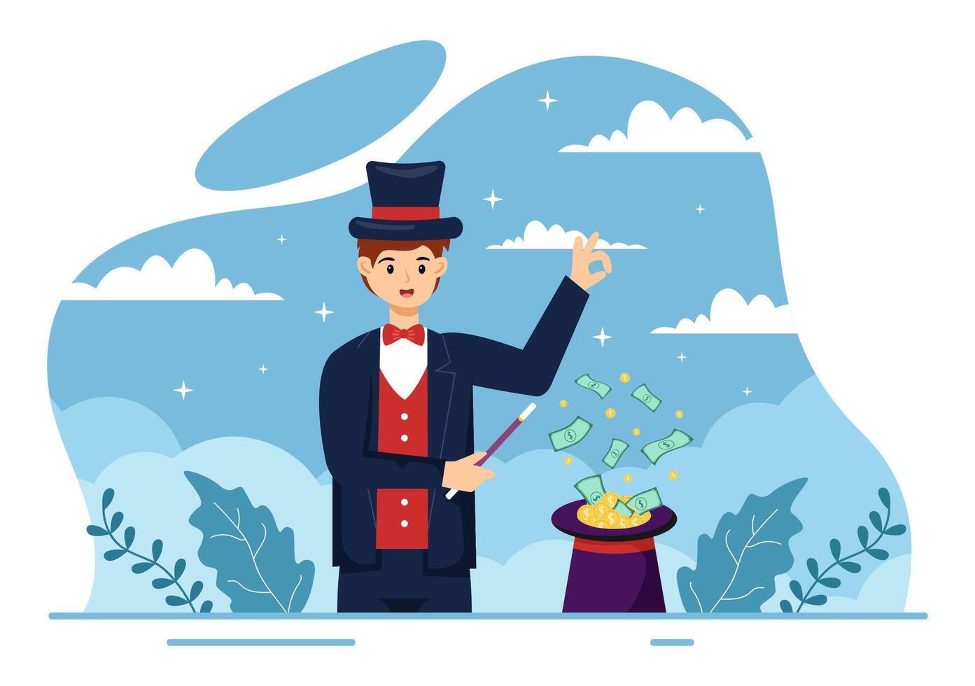 Magician Vector Illustration with Illusionist Conjuring Tricks and Waving a Magic Wand above his Mysterious Hat on a Stage in Flat Cartoon Background