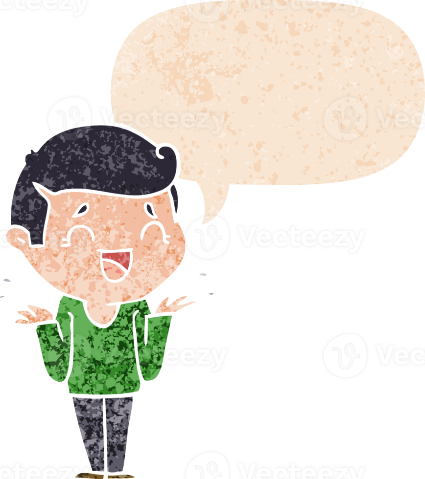cartoon laughing confused man with speech bubble in grunge distressed retro textured style png