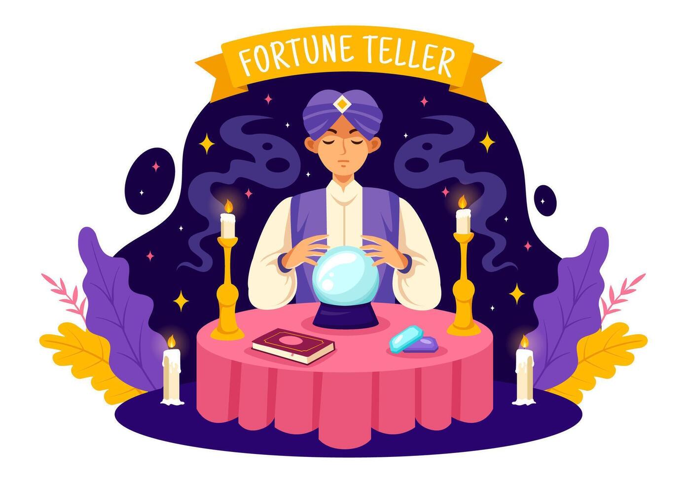 fortuna cajero vector ilustración con cristal pelota, magia libro o tarot para predice destino y narración el futuro concepto en plano dibujos animados antecedentes