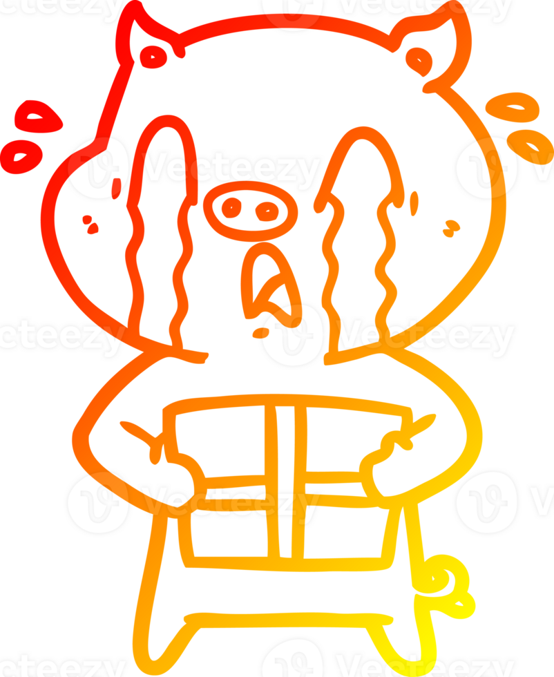 warm gradient line drawing of a crying pig cartoon delivering christmas present png