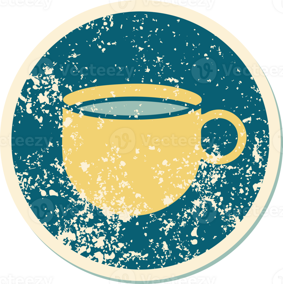 iconic distressed sticker tattoo style image of cup of coffee png