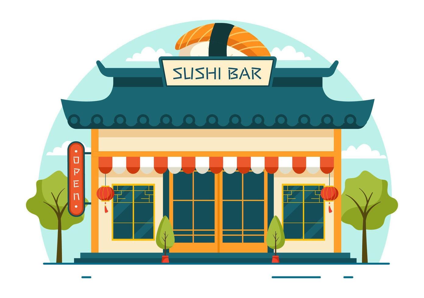 Sushi bar vector ilustración de Japón asiático comida o restaurante de sashimi y arroz para comiendo con soja salsa y wasabi en plano dibujos animados antecedentes