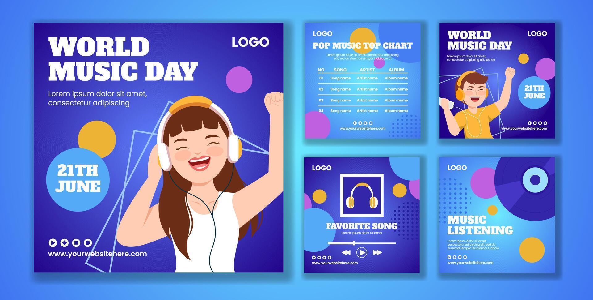 Music Day Social Media Post Flat Cartoon Hand Drawn Templates Background Illustration vector