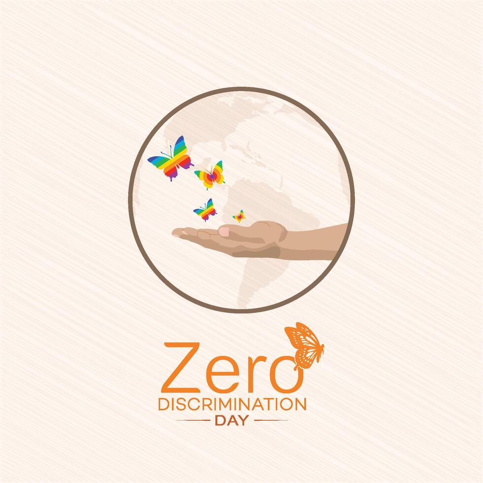 Zero Discrimination day poster, with. rainbow, butterflies. Colorful, typography, and. symbol, vector, 1 March, Social Media Post vector