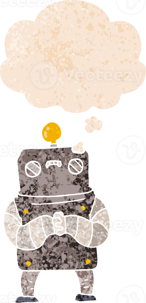 cartoon robot with thought bubble in grunge distressed retro textured style png