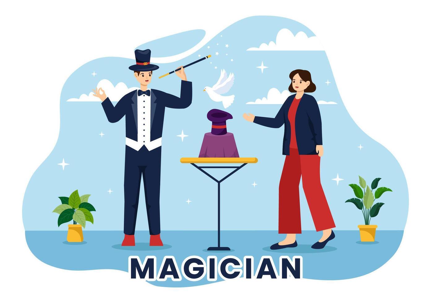 mago vector ilustración con ilusionista prestidigitación trucos y ondulación un magia varita mágica encima su misterioso sombrero en un etapa en plano dibujos animados antecedentes