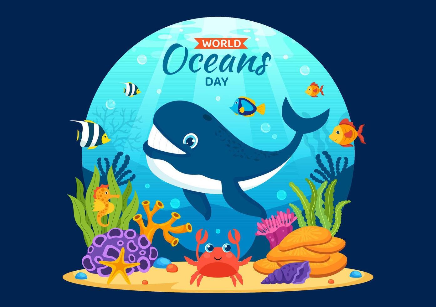 World Oceans Day Vector Illustration to Help Protect and Conserve Ocean, Fish, Ecosystem or Sea Plants in Flat Cartoon Background Design