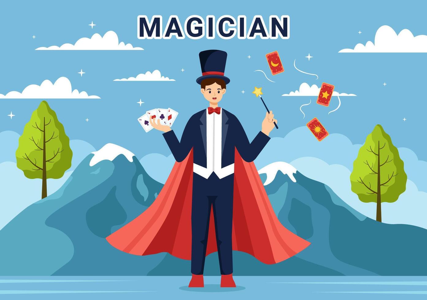 Magician Vector Illustration with Illusionist Conjuring Tricks and Waving a Magic Wand above his Mysterious Hat on a Stage in Flat Cartoon Background