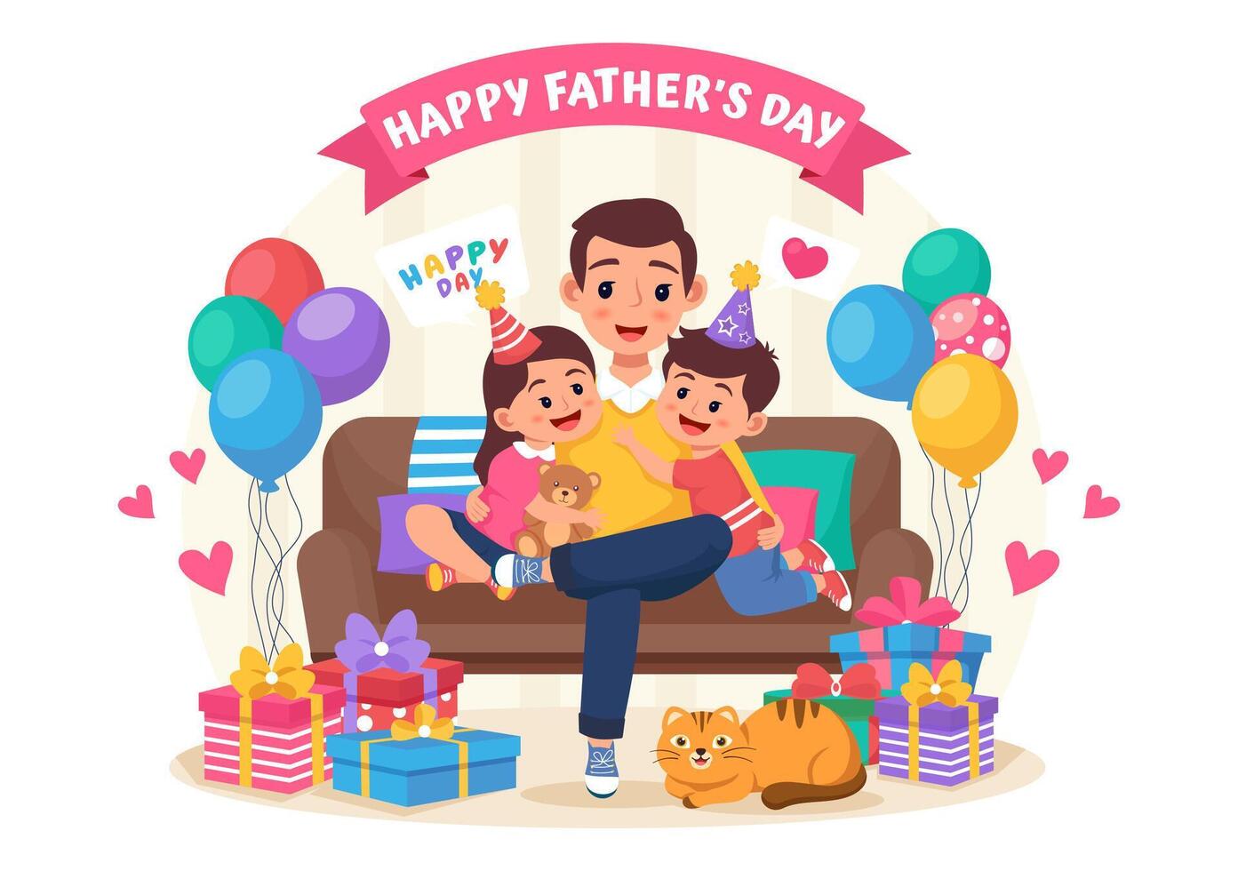 Happy Fathers Day Vector Illustration with Father and his Son or Daughter Playing Together in Flat Kids Cartoon Background Design