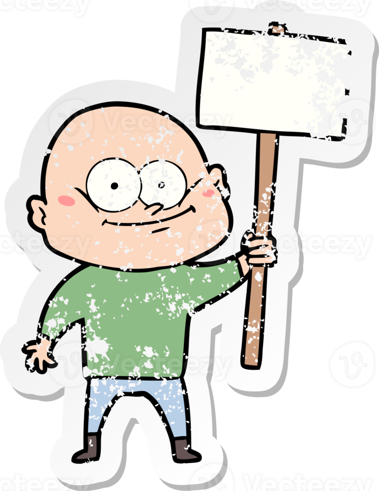 distressed sticker of a cartoon bald man staring with sign png