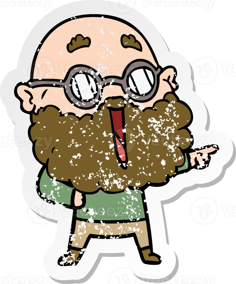 distressed sticker of a cartoon joyful man with beard pointing finger png