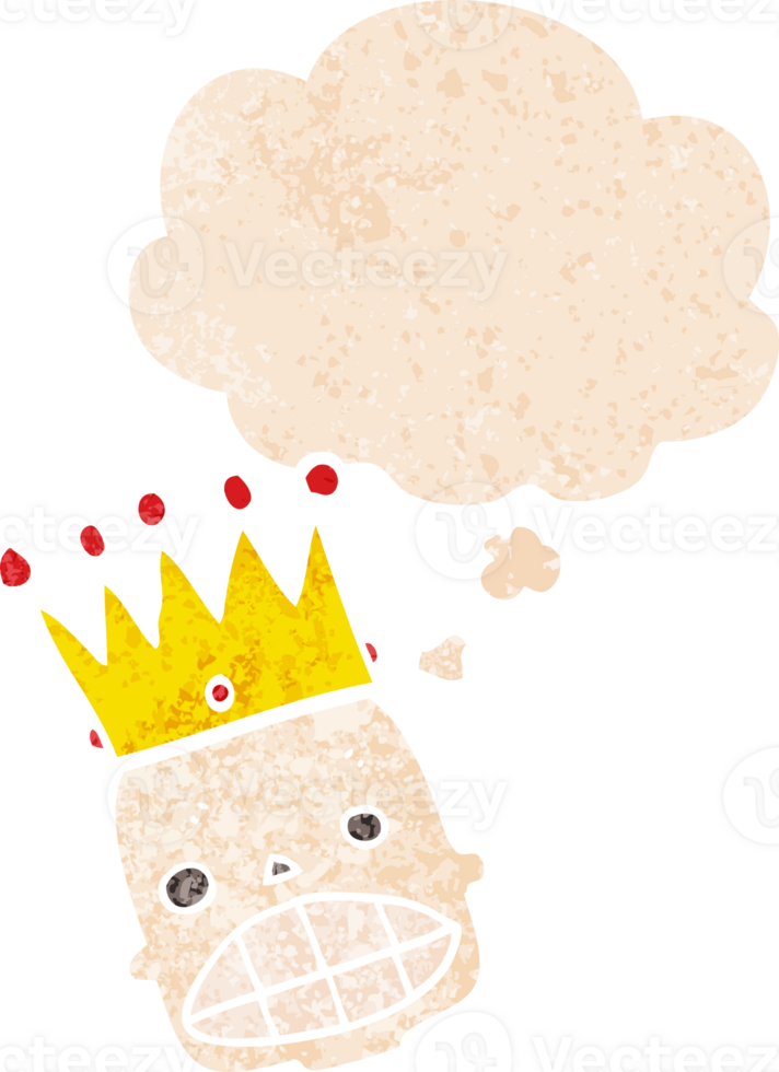 cartoon spooky skull face with crown with thought bubble in grunge distressed retro textured style png