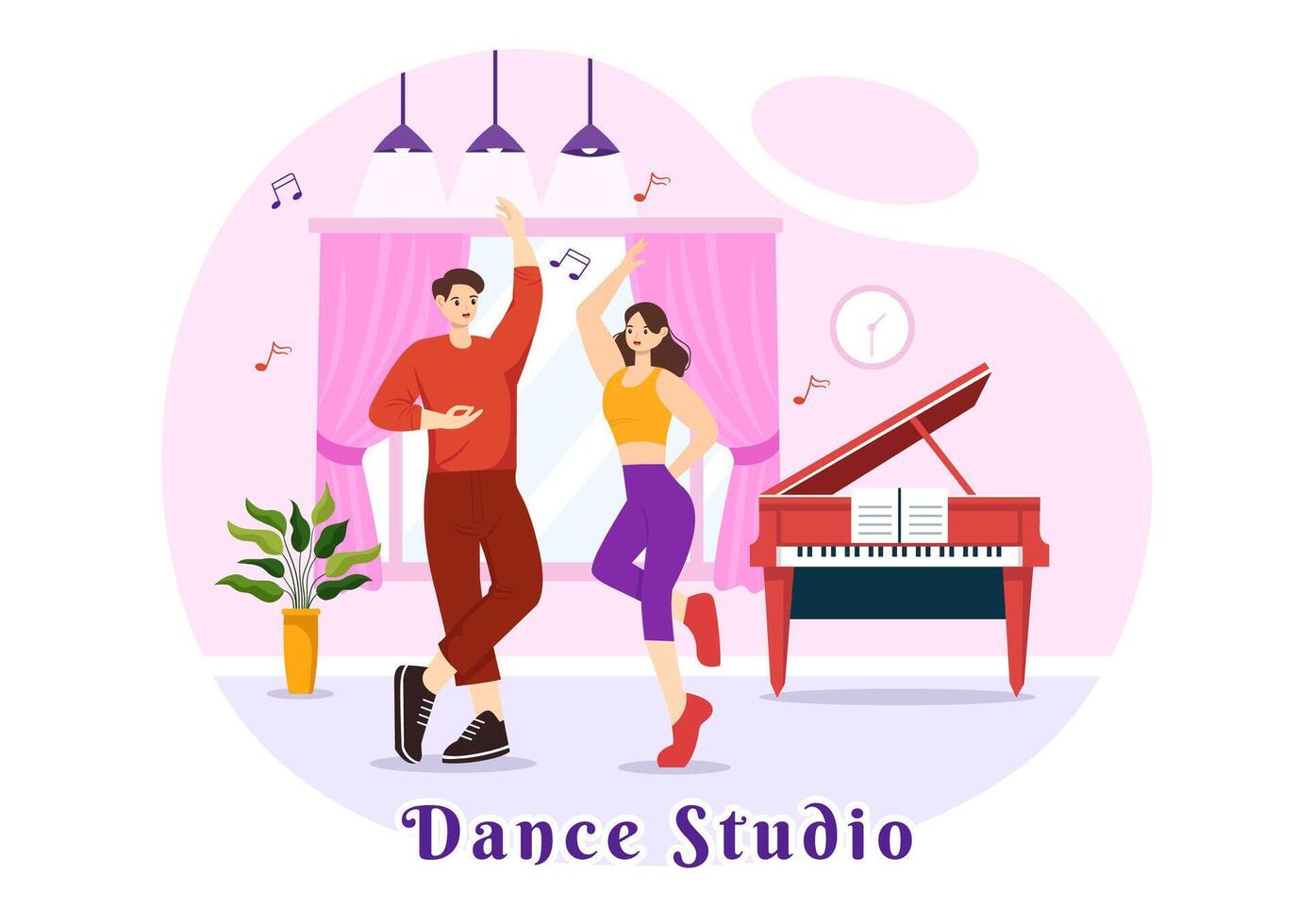 danza estudio vector ilustración con bailando parejas ejecutando acompañado por música en plano dibujos animados antecedentes diseño