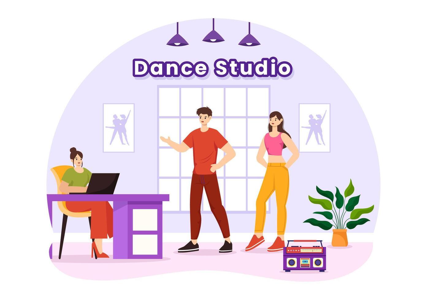 Dance Studio Vector Illustration with Dancing Couples Performing Accompanied by Music in Flat Cartoon Background Design