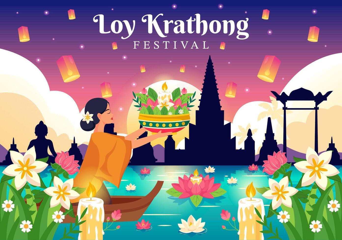 Loy Krathong Vector Illustration of Festival Celebration in Thailand with Lanterns and Krathongs Floating on Water Design in Flat Cartoon Background