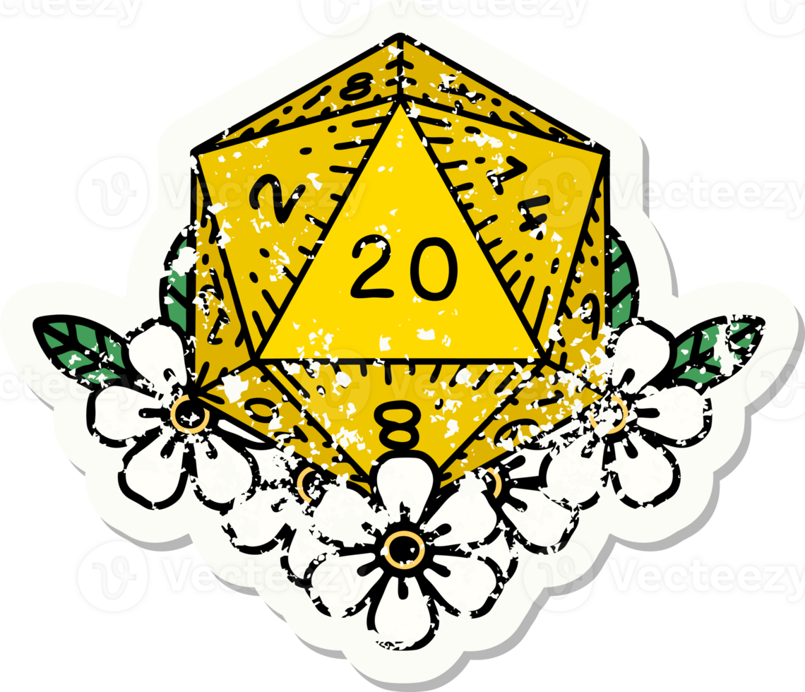 distressed sticker tattoo in traditional style of a d20 png