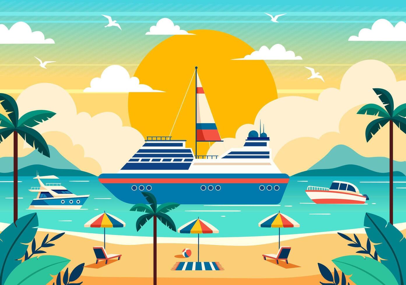 yates vector ilustración con transbordadores carga barcos y Embarcacion velero de agua transporte a el playa en puesta de sol plano dibujos animados antecedentes