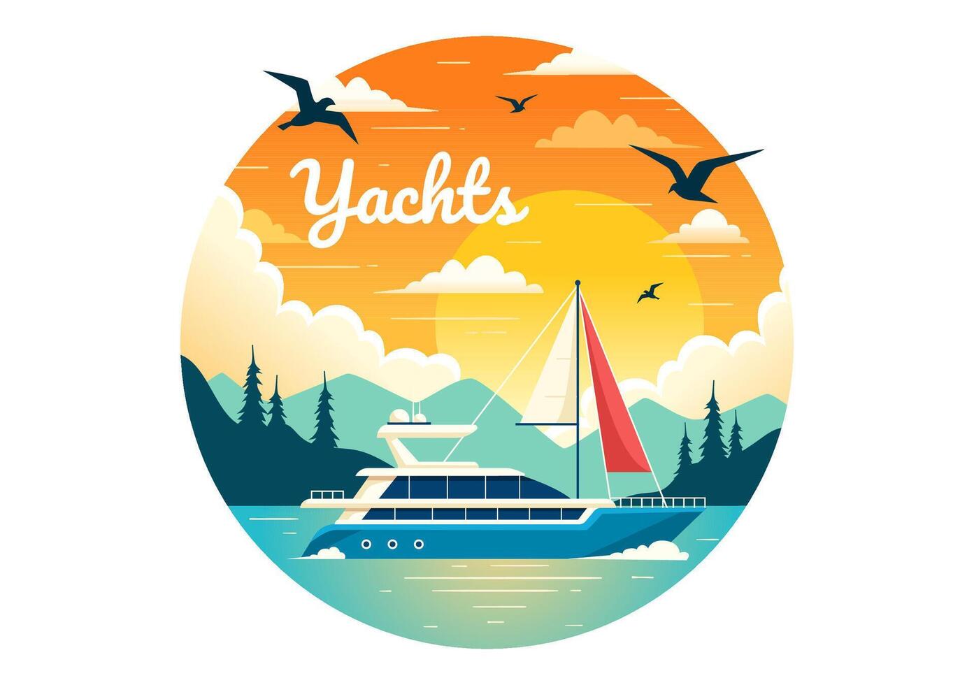 Yachts Vector Illustration with Ferries Cargo Boats and Ship Sailboat of Water Transport at the Beach in Sunset Flat Cartoon Background