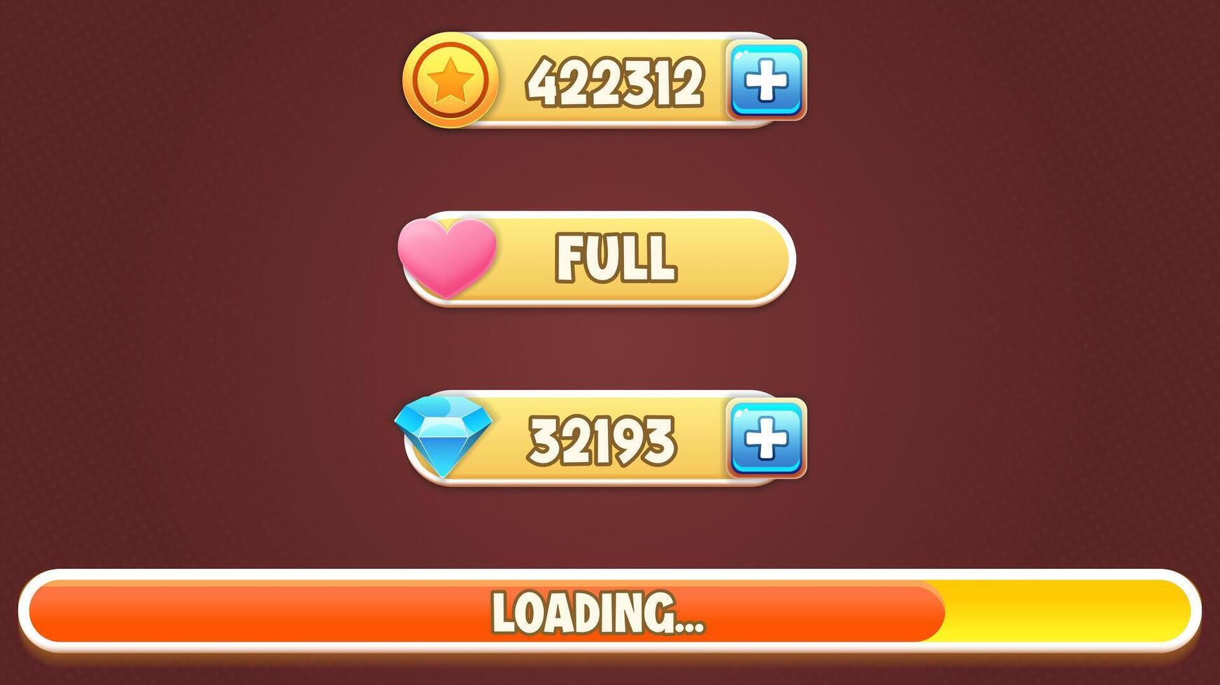 Game UI vector set - coin, diamond, heart and loading bar and buttons for building 2d games on mobile and web. This all-inclusive graphical user interface GUI set is in a soft style.