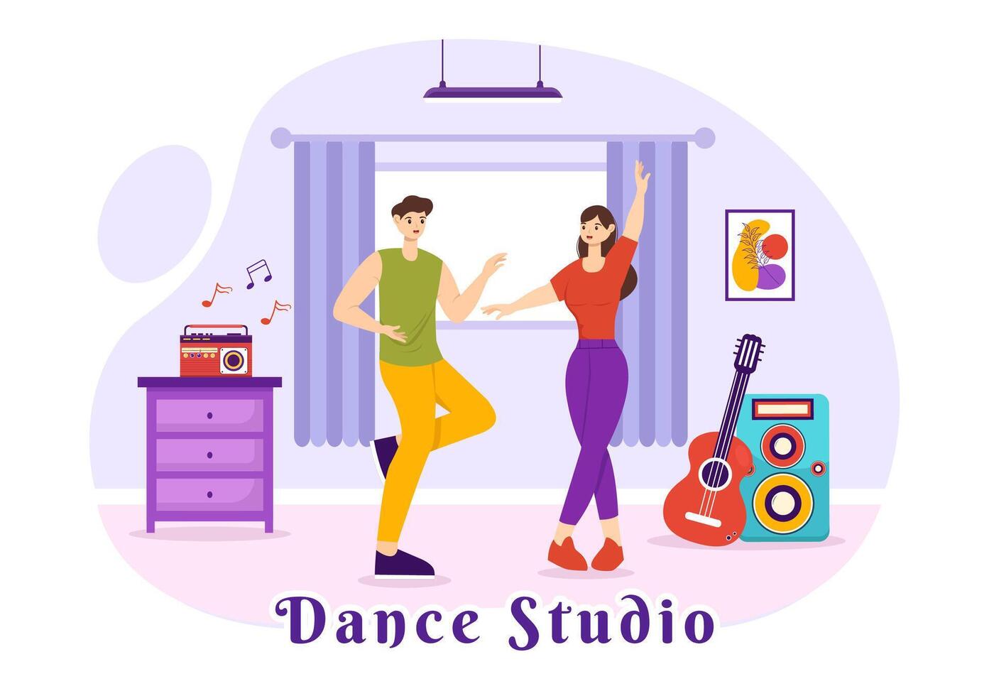 Dance Studio Vector Illustration with Dancing Couples Performing Accompanied by Music in Flat Cartoon Background Design