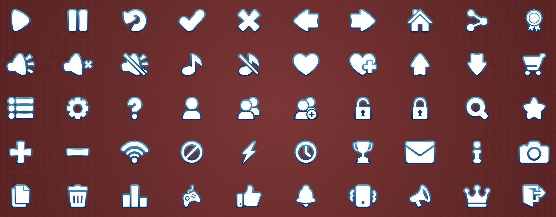 50 blue icons vector set play settings pause cancel menu retry sound music shop next back leaderboard heart down unlock badge mail notification close exit for building 2d games on mobile and web.