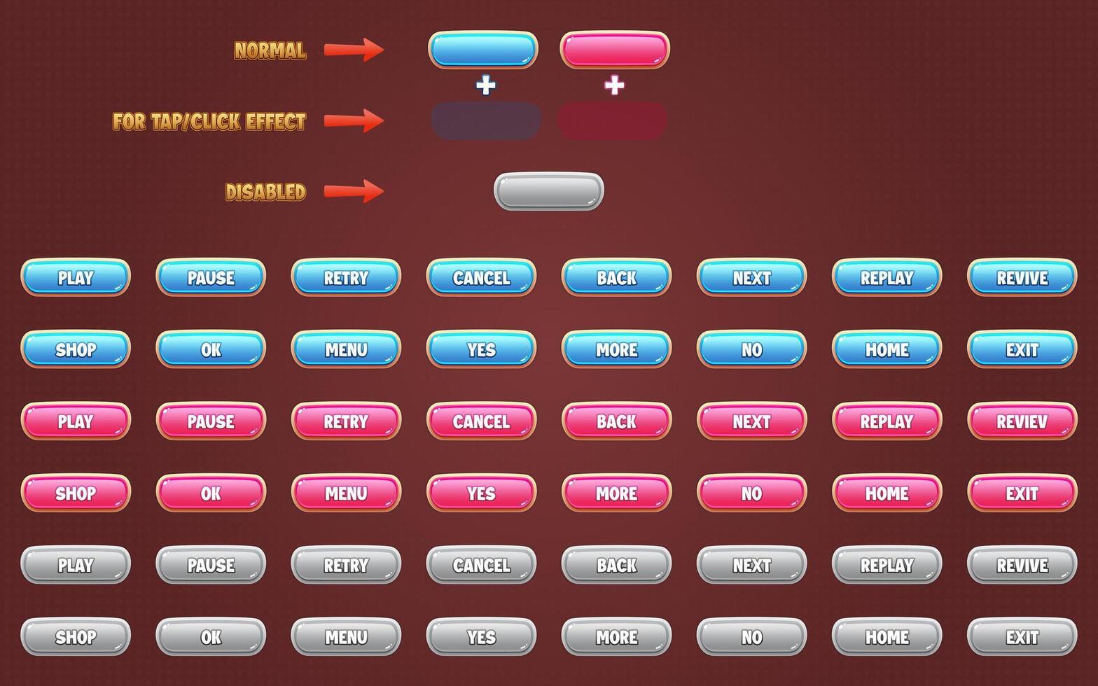 conjunto de botones modelo para edificio 2d juegos en móvil y web. botones con Tres ver - normal, grifo y desactivado. esta todo incluido gráfico usuario interfaz gui conjunto es en un suave estilo. vector