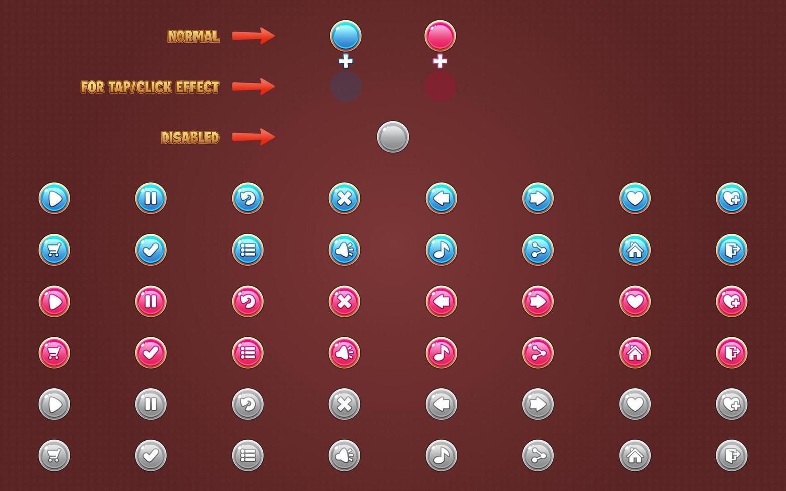 Set of round buttons template for building 2d games on mobile and web. round Buttons with three view - Normal, Tap and Disabled. This all-inclusive graphical user interface GUI set is in a soft style. vector