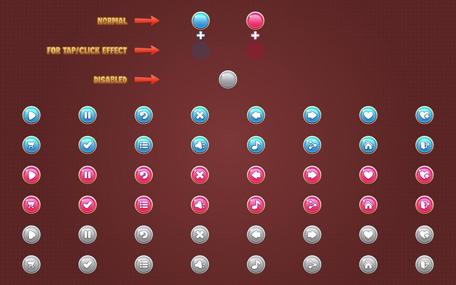 conjunto de redondo botones modelo para edificio 2d juegos en móvil y web. redondo botones con Tres ver - normal, grifo y desactivado. esta todo incluido gráfico usuario interfaz gui conjunto es en un suave estilo. vector