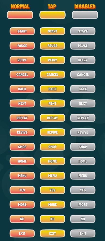 Big Set of buttons in cartoon style with editable text effect for game ui. Button with three views Normal, Tap, Disabled. All files are grouped and well organised. vector