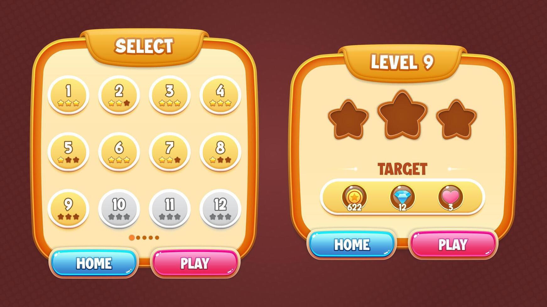 Game UI vector set - select level and start level popups, buttons, coin, heart and star for building 2d games on mobile and web. This all-inclusive graphical user interface GUI set is in a soft style.