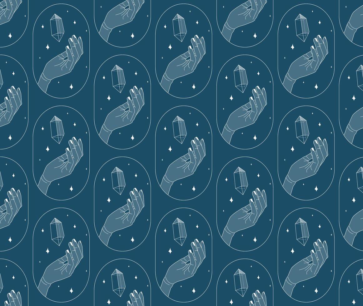 Crystal magic minimalistic seamless pattern. Creative abstract artwork. Modern vector illustration. Transparent line art gem with stars. Minimalistic sticker design for web.