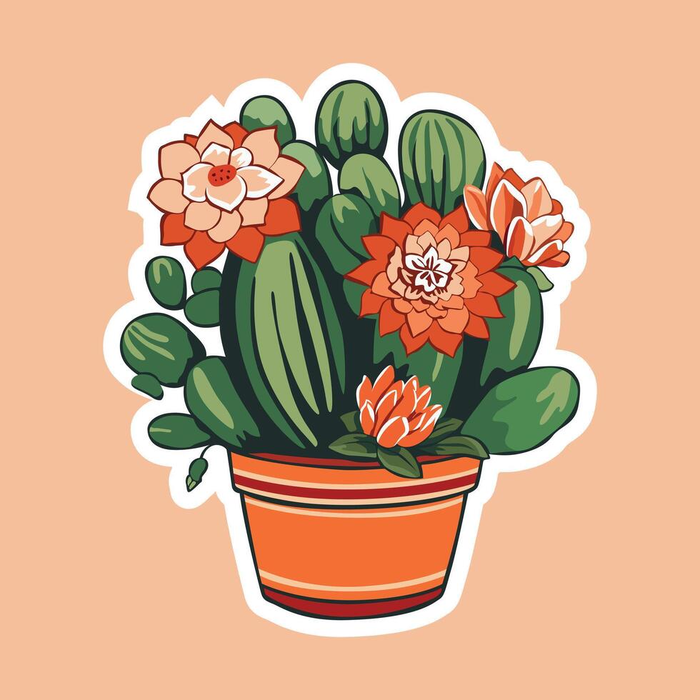 cactus floración. vector gráfico ilustración de cactus con flores en maceta, celebrando Desierto belleza y crecimiento.