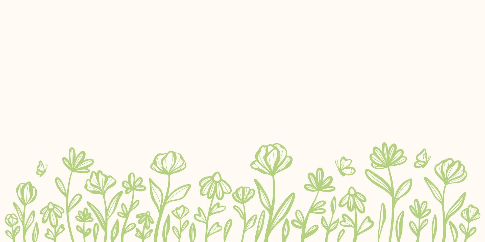 Green floral background with hand drawn flower illustrations, cute spring wallpaper design vector